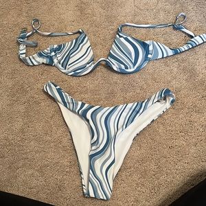 blue and white bikini set, NEVER WORN, size XS.